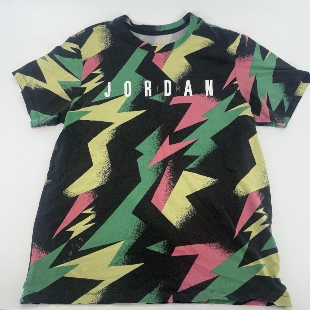 Jordan Mens Geometric Lightning Bolt Print T-Shirt Black Green Pink Size M